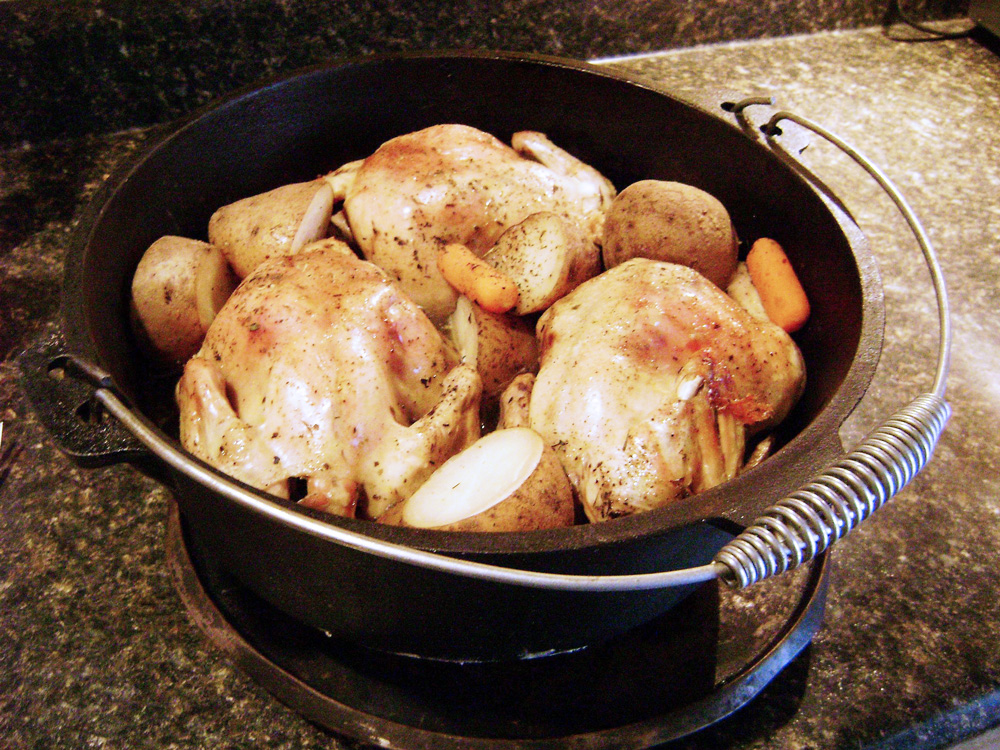 Cornish hens in cast iron Dutch oven.