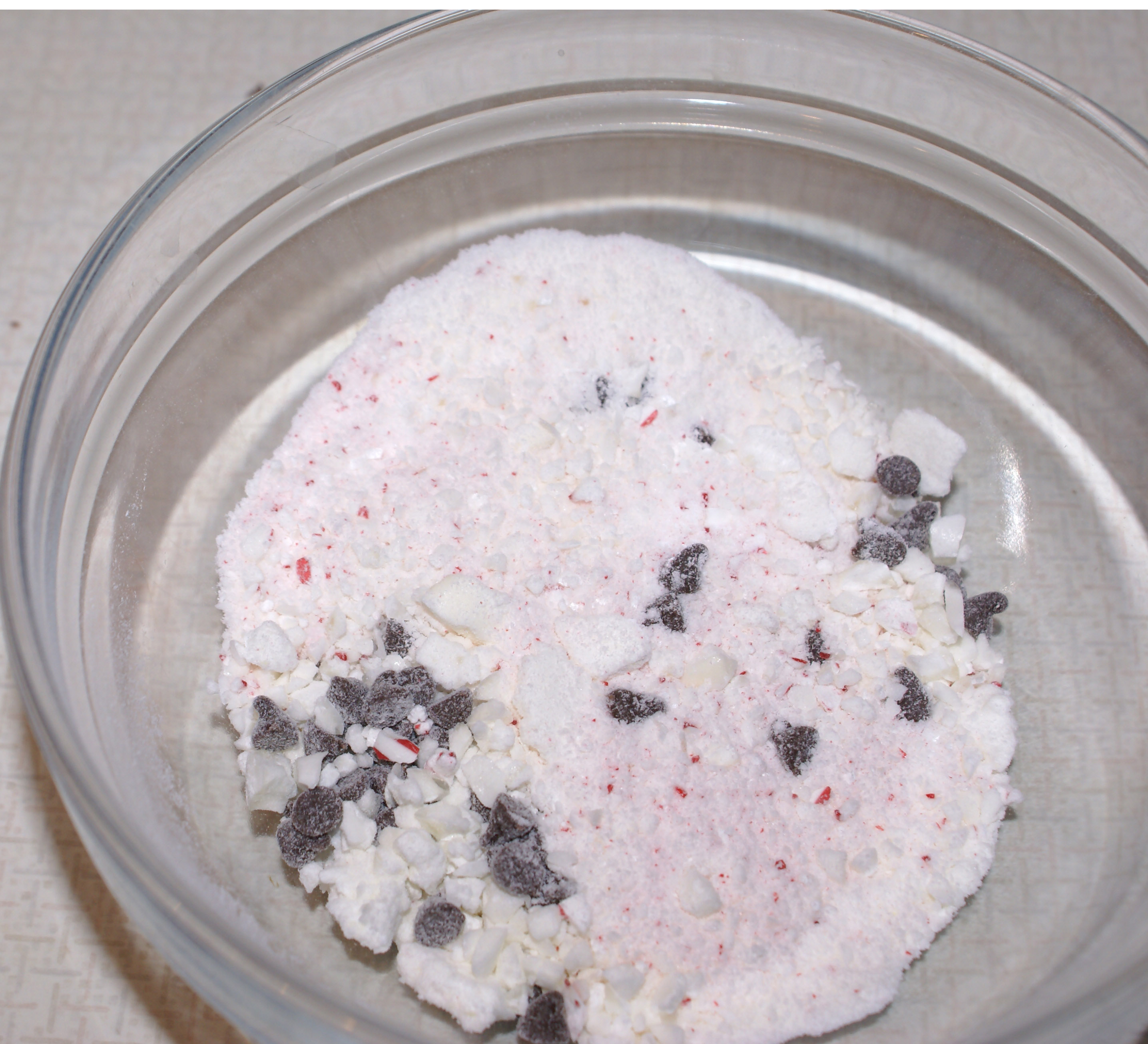 Crushed peppermint sticks and mini chocolate chips. Clear glass 2-cup bowl available at Lehman's in Kidron, Ohio.
