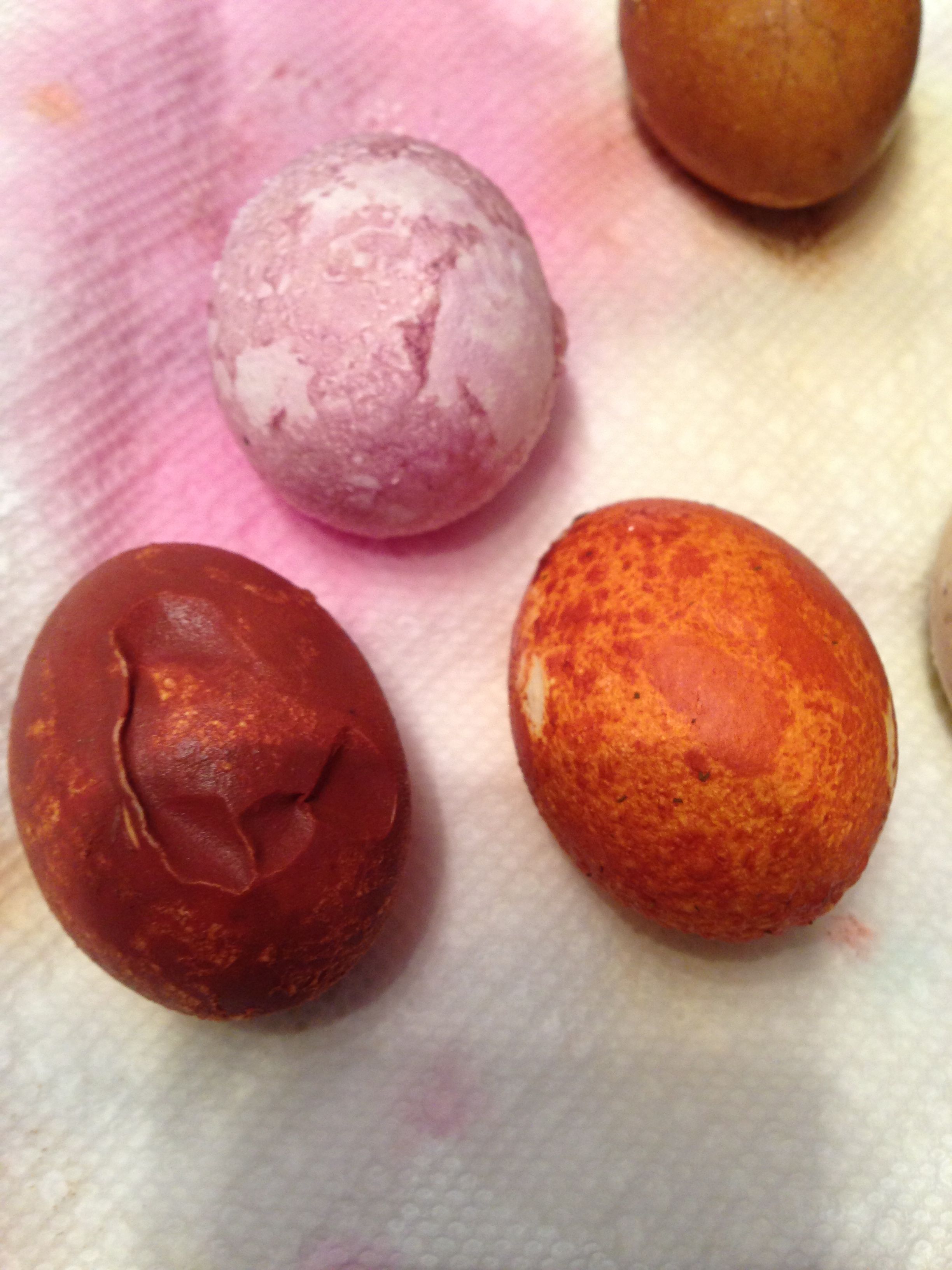 The 'rubber eggs.' Great color, but inedible. Note the dents on the egg at bottom left.