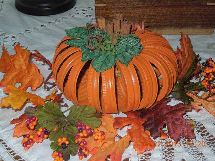 Renee used Bulk Canning Bands 1213830 (regular mouth) to make her pumpkin centerpiece. Want some bulk bands? They're in stock now at Lehmans.com and Lehman's in Kidron, Ohio.