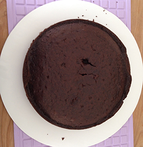 Chocolate layer cooling on cake circle.