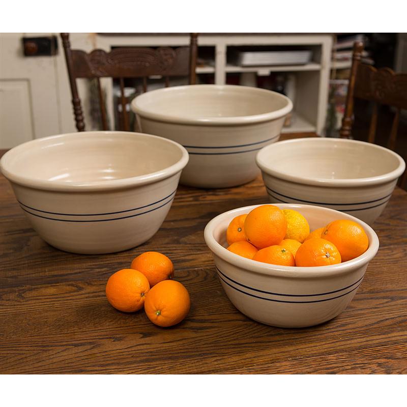 Handmade Heritage Blue Stripe Mixing Bowls, at Lehmans.com and our store in Kidron.