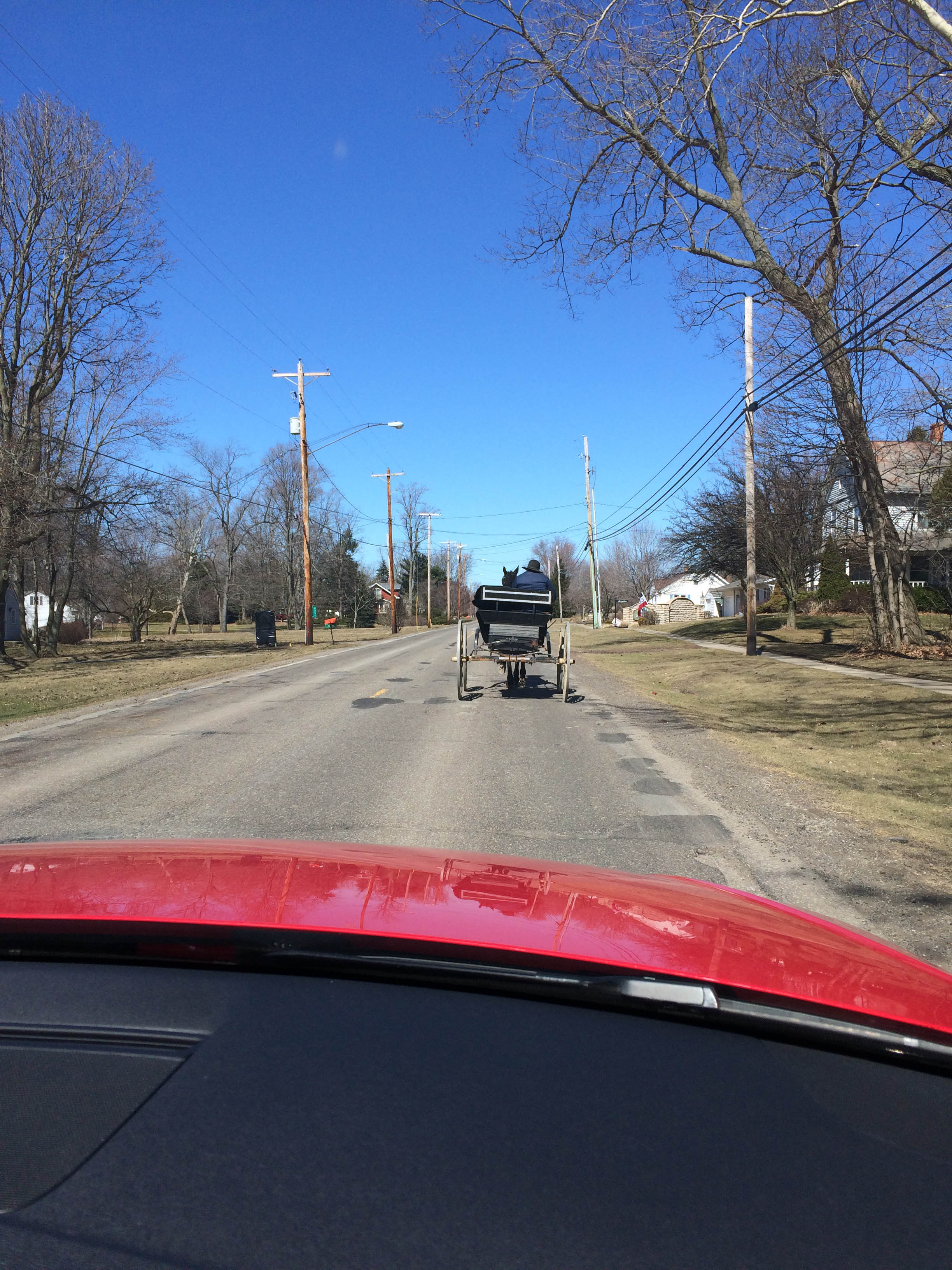 Driving behind slow-moving horse-drawn vehicles is a common occurrence in Kidron. Take it slow and enjoy the scenery!