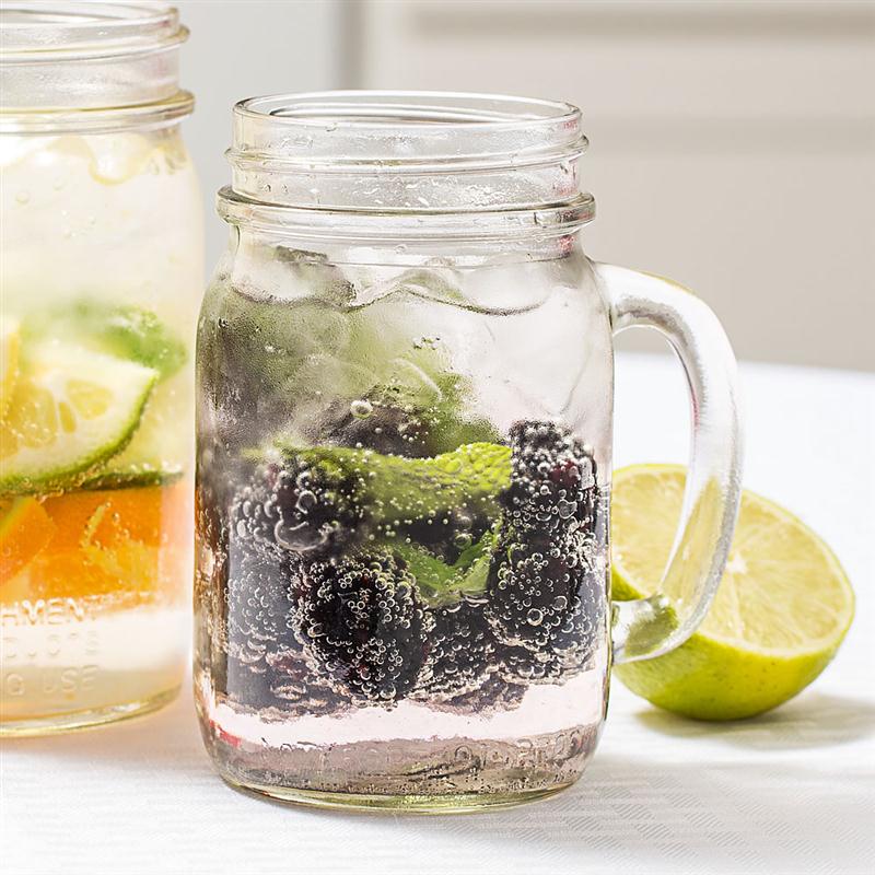 Jazz up water or homemade iced tea (after brewing and chilling) by adding fresh fruit and mint leaves. Canning jar mugs, set of 4, at Lehmans.com and our store in Kidron, Ohio.