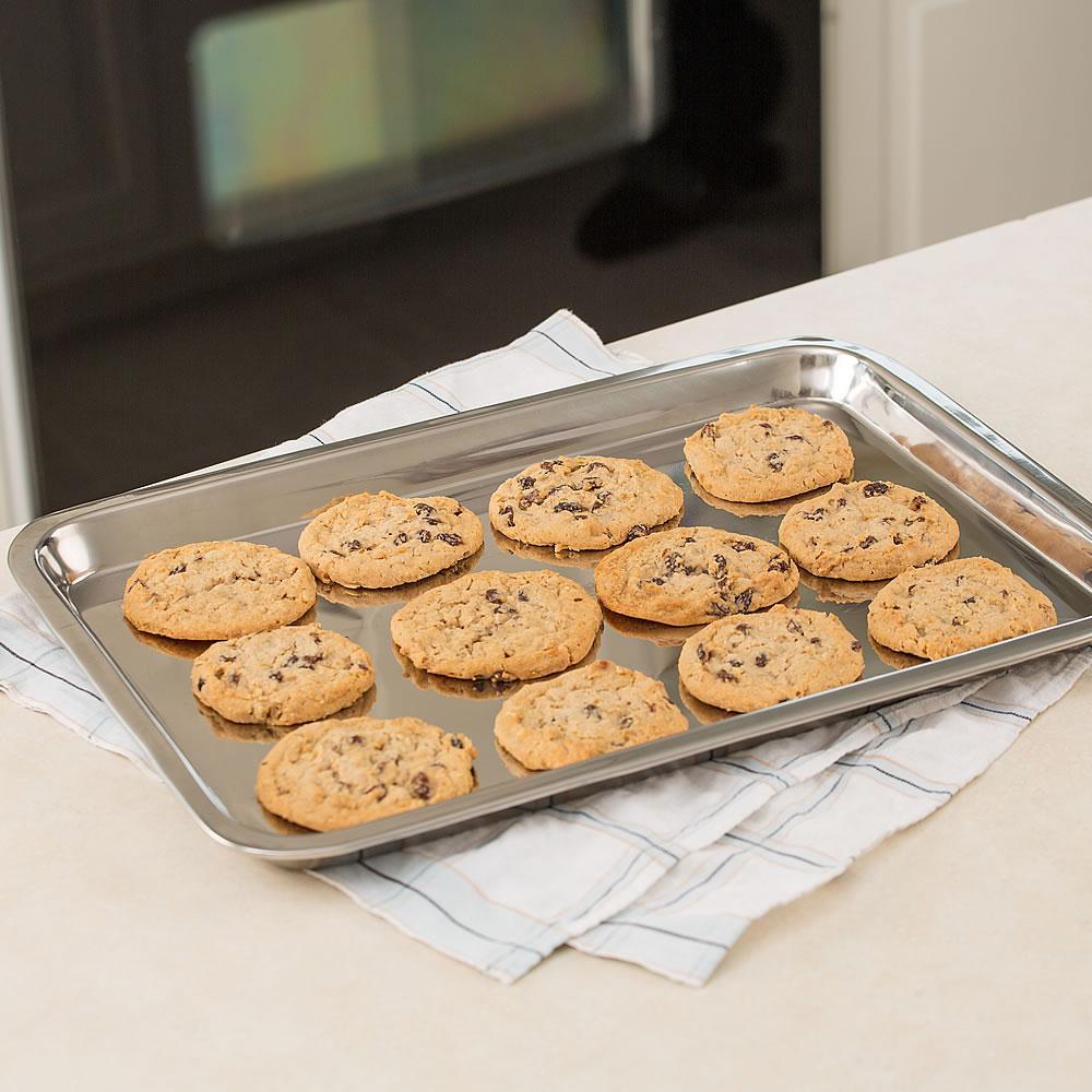 Our stainless steel cookie sheet has a polished look that makes it a worthy serving tray as well. At Lehmans.com.