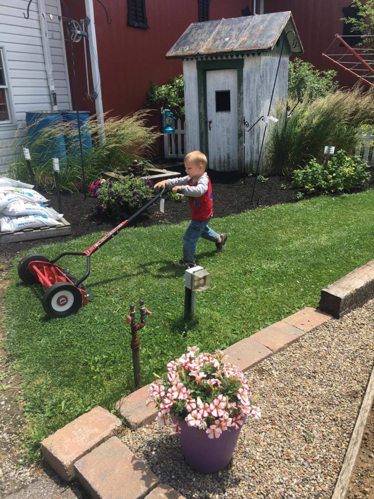 sarah's nephew pushing reel mower