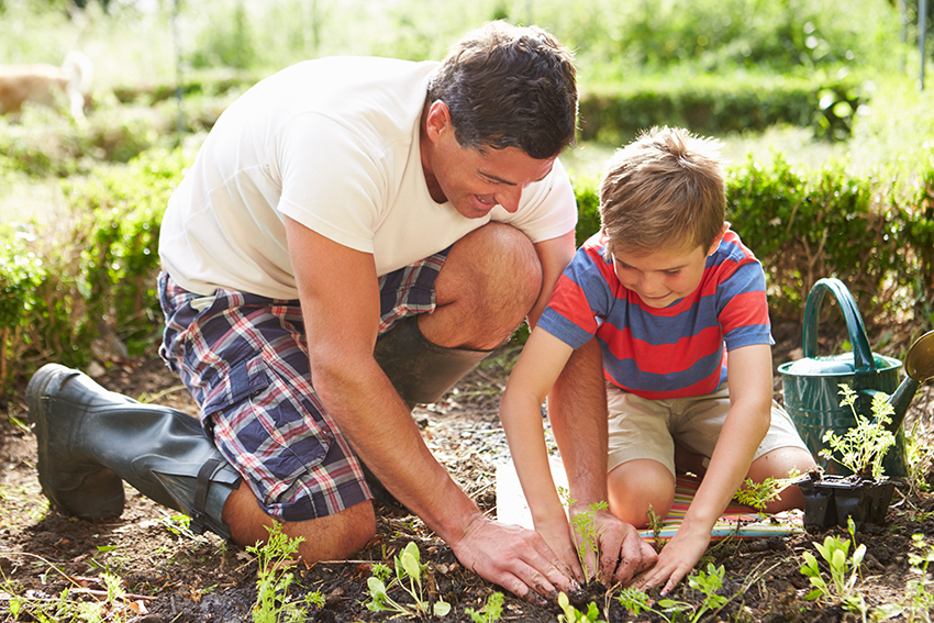 dad and son spending time together gardening