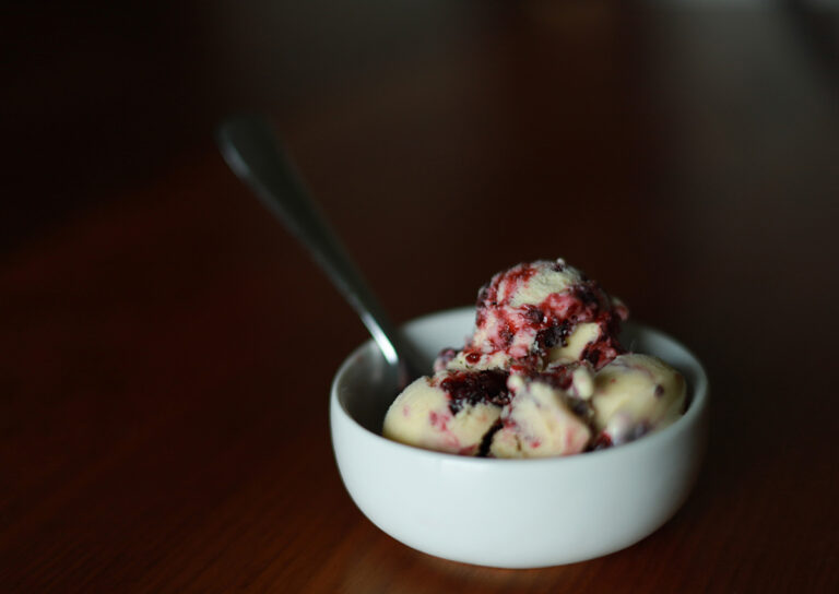 sweet corn black raspberry ice cream in bowl