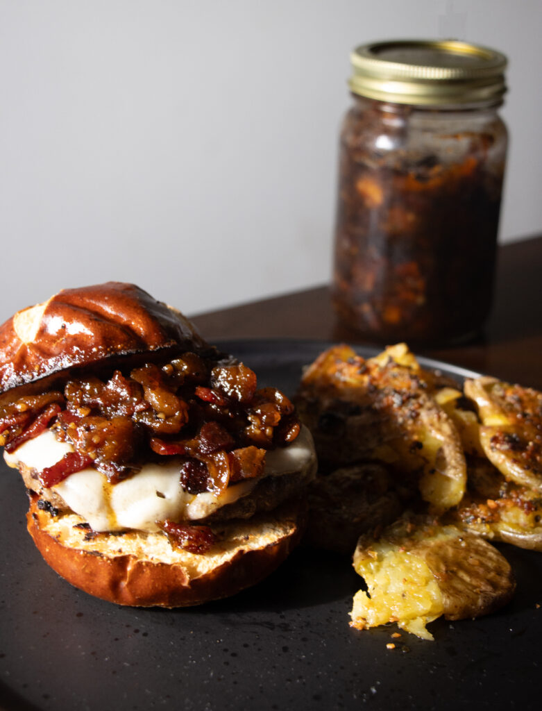 Swiss burger with peach bacon jam