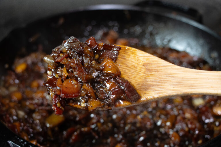 peach bacon jam on spoon