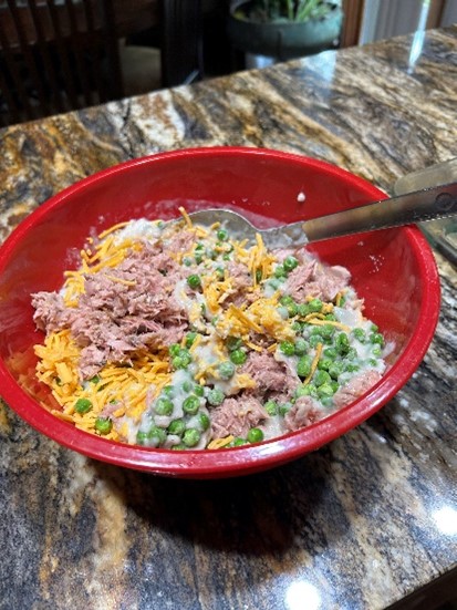 Mixing ingredients for tuna noodle casserole