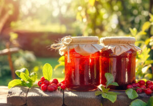 Canned homemade jam outside on table