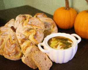 Sourdough shaped loaves and pumpkin soup